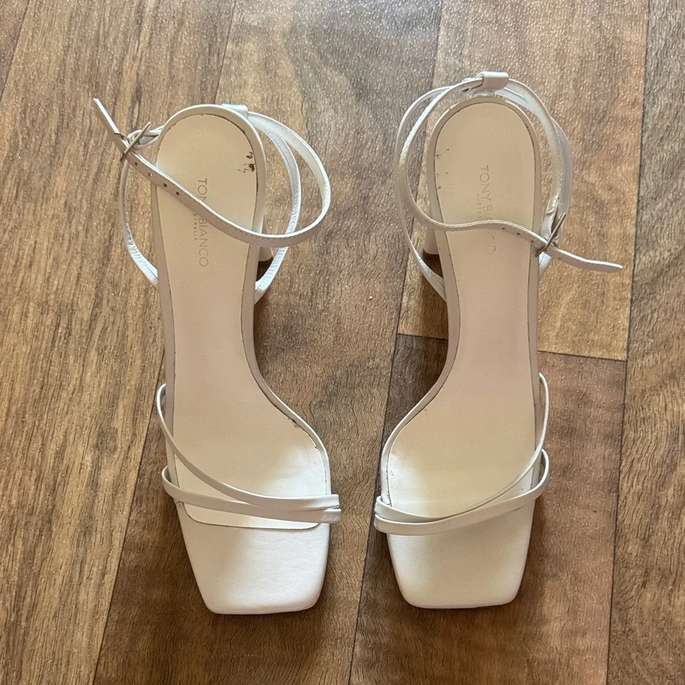 Tony Bianco Cream-White Strappy Square-Toe Ankle Strap Heels - Picture 1 of 3